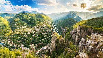 Bulgarian Village Gara Lakatnik, trees, clouds, landscape, sky, houses, rocks, mountains HD wallpaper