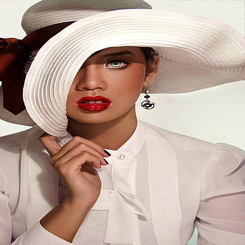 ELEGANCE IN WHITE, elegant, white, blouse, pretty, face, hat, woman HD wallpaper