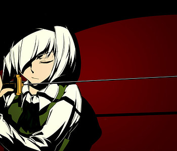 touhou, red, weapon, short hair, blush, dress HD wallpaper