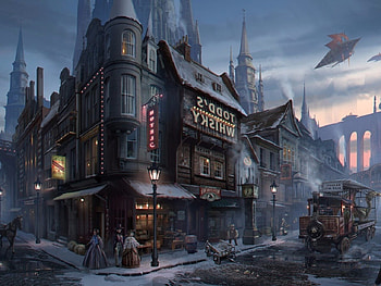 Steampunk Village, Abstract, Village, Steampunk, Fantasy HD wallpaper