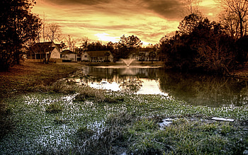 Nature, Houses, Fountain, Evening, Mainly Cloudy, Overcast, Pond HD wallpaper