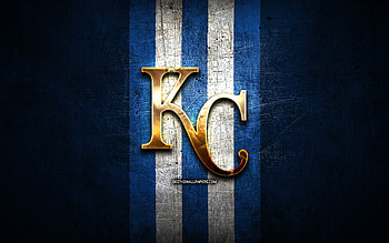 Kansas City Royals emblem, MLB, golden emblem, blue metal background, american baseball team, Major League Baseball, baseball, Kansas City Royals HD wallpaper
