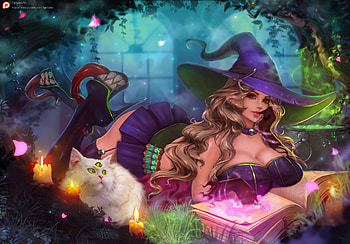 Celeste, hat, witch, tigr sasha, cat, girl, halloween, pink, pisici, fantasy, tigrsasha, luminos HD wallpaper