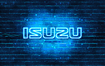 Isuzu blue logo, , blue brickwall, Isuzu logo, cars brands, Isuzu neon logo, Isuzu HD wallpaper