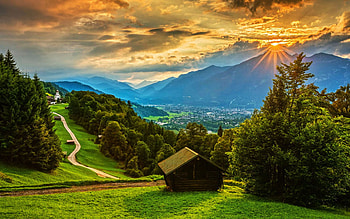Sunset Over the Mountain Village of Wamberg, Bavaria, germany, clouds, landscape, trees, road, sky, alps, cabin HD wallpaper
