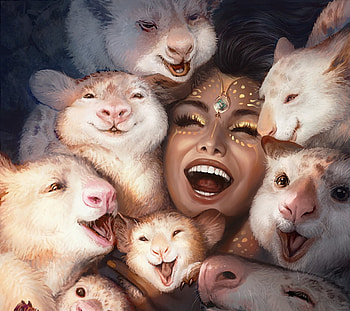 Joy, animal, white, art, smile, nell fallcard, girl, fantasy, face HD wallpaper