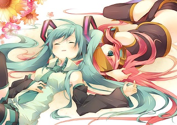 Vocaloid, blue eyes, bed, head band, pink hair, long hair, wink, aqua hair, flowers, blush HD wallpaper