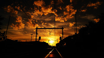 Sunset, Clouds, Dark, Railway, Station, Wires, Wire, Traffic Lights HD wallpaper