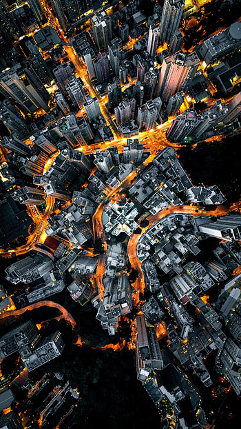 Night, aerial view, yellow lights of road, city HD phone wallpaper