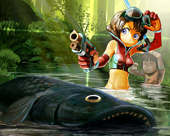 A different way of fishing..., river, fishing, cute, bikini, anime girl, nature, jungle, gun, fish, water HD wallpaper