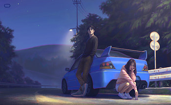 Night drive, traffic, night, blue, art, jessejzette, man, car, girl, fantasy, sign, couple HD wallpaper