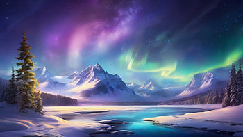 Northern Lights, snow, aurora borealis, lake, mountain, light, Snowy Mountain HD wallpaper