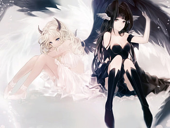 Good vs Evil, emotional, double, angel, dress, beauty, nice, feather, wing, female, wings, sweet, black white, girl, beautiful, sorrow, sad, anime girl, anime, pretty, lovely HD wallpaper