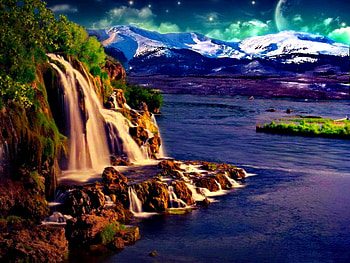 Waterfall, island, fall, dusk, mountain, purple, planet, clouds, nature, sky, water HD wallpaper