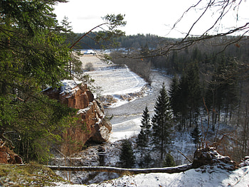 Zvartes rock on the Amata river, Gauja National Park, latvia, amata, nature, rivers, rock HD wallpaper