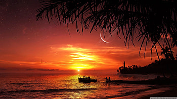 Summer Sunset, boat, lighthouse, sky, sunset, ocean HD wallpaper