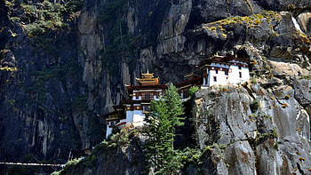 Bhutan monastery cliffs, Mountain serenity, Tranquil landscapes, Spiritual journey HD wallpaper