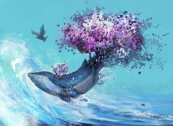 Tree-whale, sea, blue, whale, art, xumeng liu, balena, tree, summer, purple, pink, fantasy, water, vara HD wallpaper
