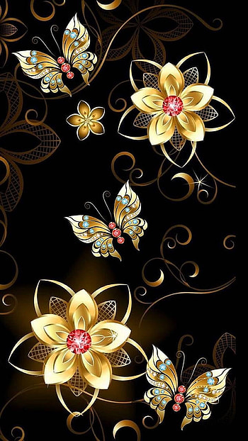 Gold Flowers and Butterflies, gold, jewelry, butterfly, artistic, flower HD phone wallpaper