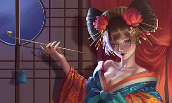 Geisha, kimono, asian, red, girl, luminos, vi an, vian HD wallpaper