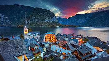 Hallstatt, Austria, morning, clouds, sky, church, mountains, alps, village, austria, sunrise HD wallpaper