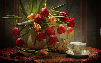 Tulip Still Life, still life, vase, figurine, tulips, cup HD wallpaper
