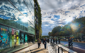 reflections on a street in paris r, city, sidewalk, street, glass, building, r, reflections HD wallpaper