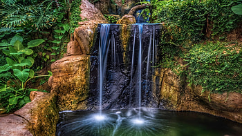 Waterfall In A Park, trees, creek, rocks, pond, plants HD wallpaper