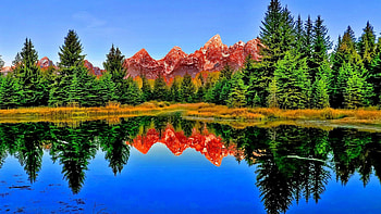 fantastic reflections of forests and mountains, red, mountains, forest, lake, reflections HD wallpaper