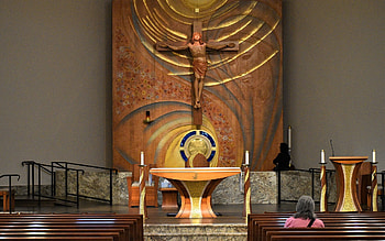 Altar in Church, inside, altar, modern, Crucifix, church HD wallpaper