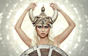 Inna, white, by cehenot, horns, blonde, glitter, girl, singer, armor, woman, viking, music, edward aninaru, , hat HD wallpaper