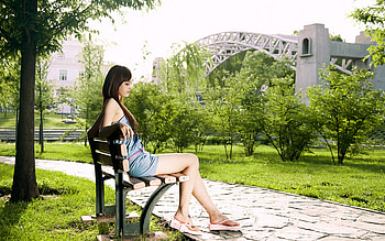 Sunshine Park, bench, girl, green, park HD wallpaper