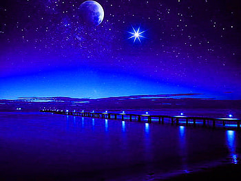Starry blues, night, blue, moon, pier, stars, mountains, water HD wallpaper