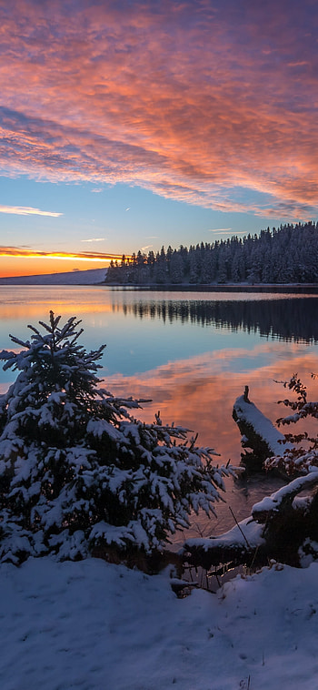 Lake snow, Evening sunset, , Breathtaking scenery HD phone wallpaper