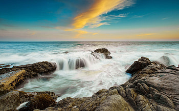 Ocean Waves, blue, morning, peaceful, sunrise, beauty, waves, ocean, sea, beautiful, rocks, view, clouds, nature, sky, lovely, splendor HD wallpaper