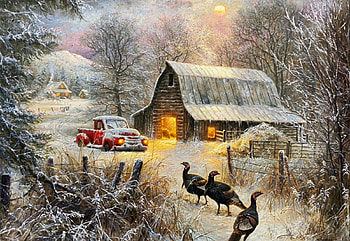 Turkey Tracks, snow, artwork, winter, barn, painting, trees, truck HD wallpaper