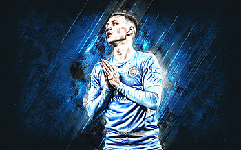 Phil Foden, Manchester City FC, English footballer, midfielder, Premier League, England, soccer, blue stone background, grunge art HD wallpaper