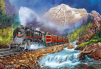 Canadian Pacific Train, steam, artwork, river, painting, trees, locomotive, mountains HD wallpaper