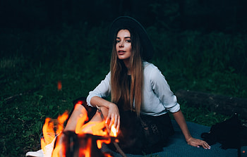 Outdoor, woman, girl model, bonfire HD wallpaper