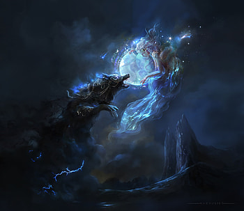Hati, luminis, wolf, goddess, night, blue, frumusete, gorgeous, girl, superb, moon, fantasy, luna HD wallpaper