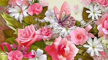 Summer Bountiful, roses, ribbon, papillon, sweet peas, spring, summer, pink, butterfly, fragrant, bow HD wallpaper