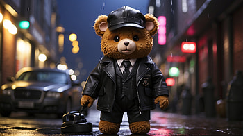 Bear in London, bear, teddy bear, rain, glow, street HD wallpaper