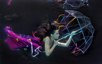 Underwater, umbrella, pink, black, model, girl, woman HD wallpaper