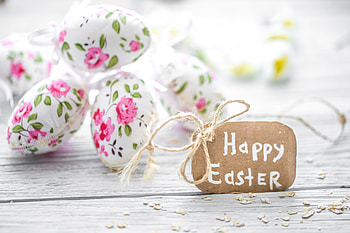 Happy Easter!, egg, pink, white, flower, deco, card, easter HD wallpaper