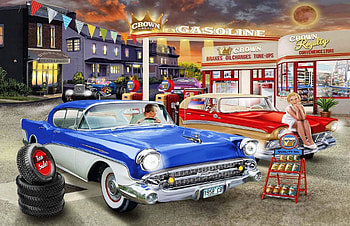 Rest Stop, painting, cars, vintage, oldie, tyres, gas station HD wallpaper