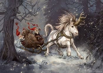 Winter wonderland, winter, dwarf, kiri ostergaard leonard, craciun, art, gnome, fantasy, snow, christmas, iarna, unicorn HD wallpaper