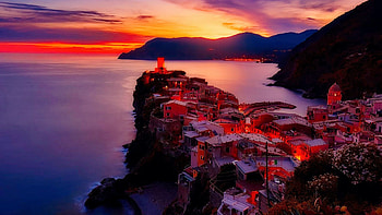 Vernazza Italy At Sunset, sea, hills, coast, colors, mediterranean, rocks, clouds, sky, village HD wallpaper