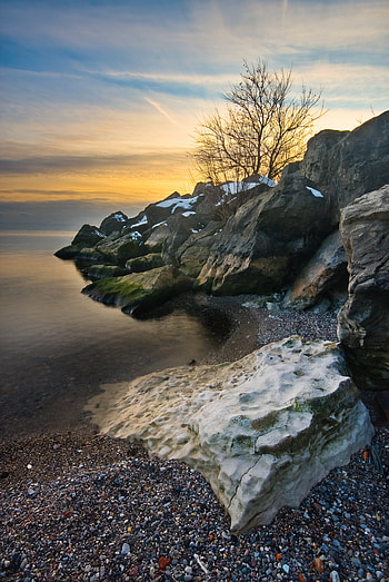 Landscape, Nature, Sunset, Sea, Rocks, Shore, Bank, Wood, Tree HD phone wallpaper