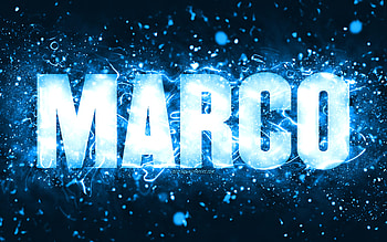 Happy Birtay Marco, , blue neon lights, Marco name, creative, Marco Happy Birtay, Marco Birtay, popular american male names, with Marco name, Marco HD wallpaper