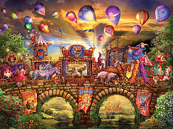 Circus, bridge, procession, balloon, carnivale, animal, horse, art, tiger, fantasy, zebra HD wallpaper